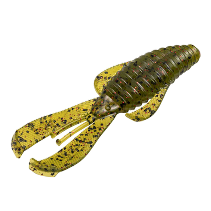 Soft plastic fishing lure in green and yellow with black and red flecks, designed to resemble a crawfish, the Strike King Rage Bug (Mid-Size) for fishing tackle.