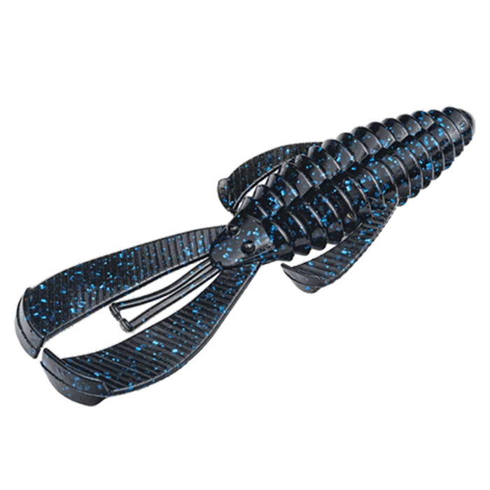 Strike King Rage Bug (Mid-Size) fishing lure in black with blue flecks, designed with segmented body and claw-like appendages for lifelike action in fishing tackle.