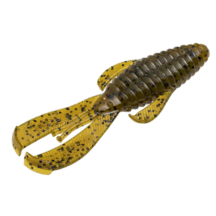 Close-up of a green and yellow soft plastic fishing lure with black speckles designed to mimic a crawfish, labeled Strike King Rage Bug (Mid-Size), used for fishing tackle.
