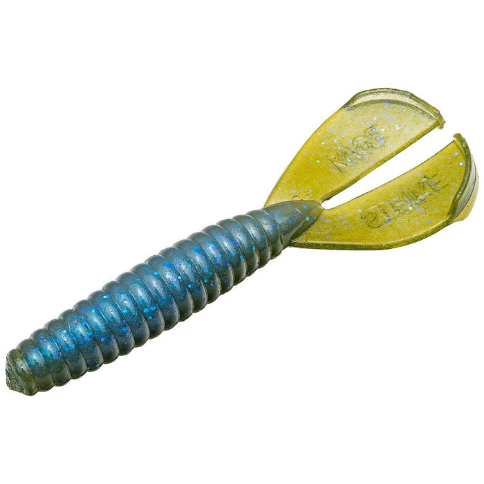Close-up of a blue and yellow soft plastic fishing lure with segmented body and twin paddle tail, designed as the Strike King Rage Menace Grub for effective fishing tackle use.