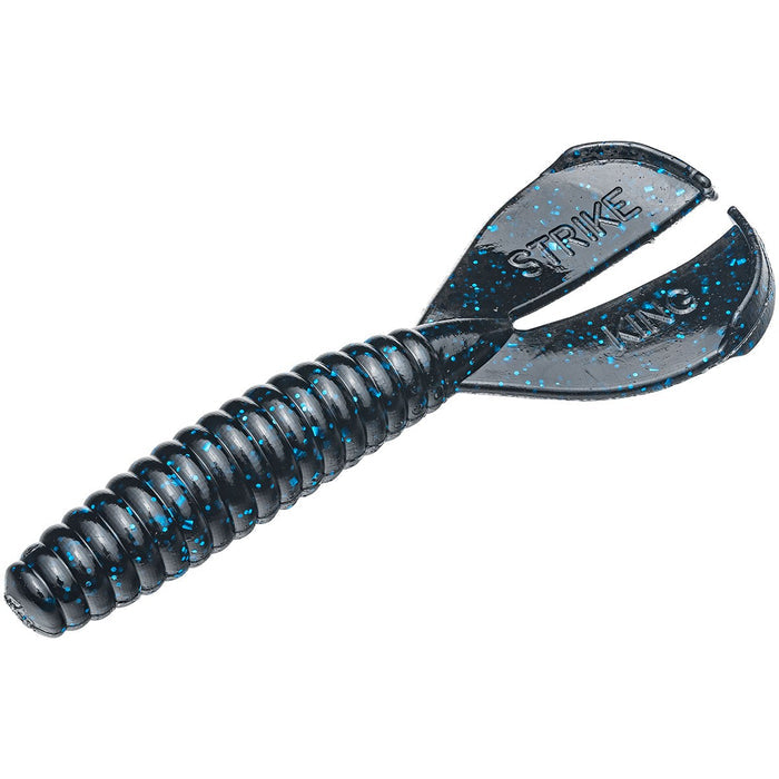 Strike King Rage Menace Grub soft plastic fishing lure in black with blue flecks, featuring a ribbed body and split twin tails for lifelike movement in water.