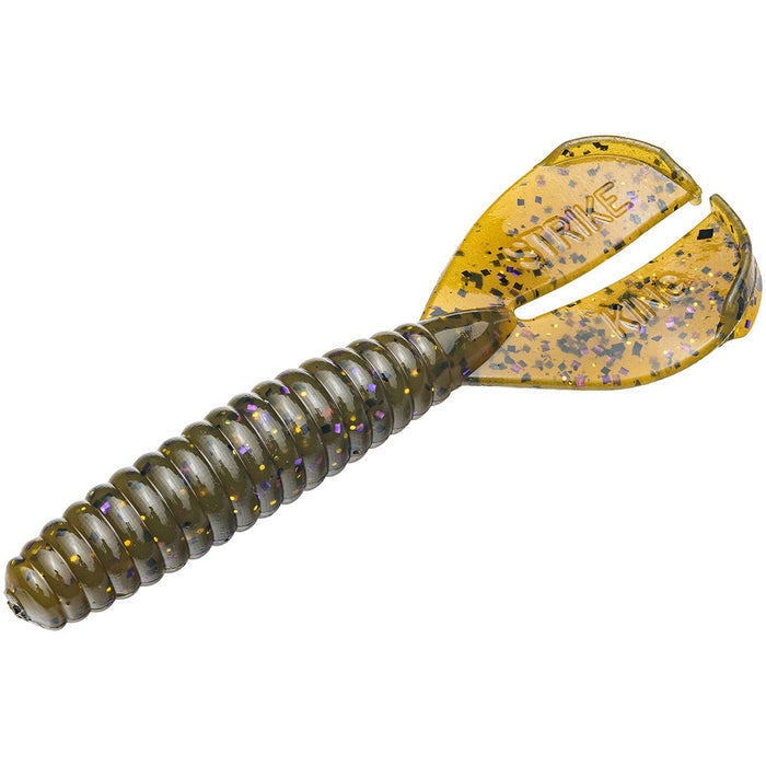 Close-up of a Strike King Rage Menace Grub fishing lure featuring a ribbed, dark green body with glitter and a split yellow tail with black speckles, designed for effective fishing tackle use.