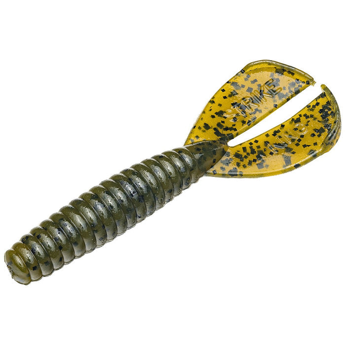 Strike King Rage Menace Grub fishing lure with ribbed olive body and twin paddle tail in translucent yellow with black speckles, designed for effective fishing tackle use.
