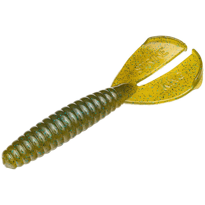 Strike King Rage Menace Grub soft plastic fishing lure in green with blue flecks, featuring a ribbed body and twin tail design for lifelike movement in the water.