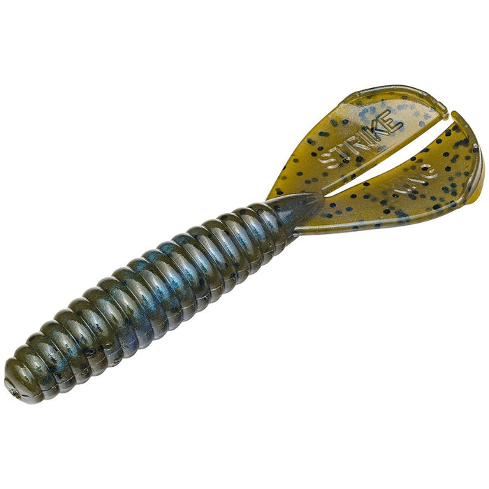 Strike King Rage Menace Grub soft plastic fishing lure in green and brown with ribbed body and twin paddle tail, designed for effective action in fishing tackle.