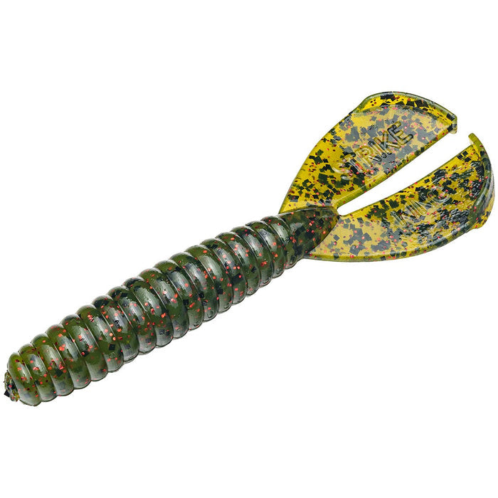 Strike King Rage Menace Grub fishing lure featuring a ribbed green body with red flecks and translucent yellow twin curly tail designed for effective fishing tackle use.