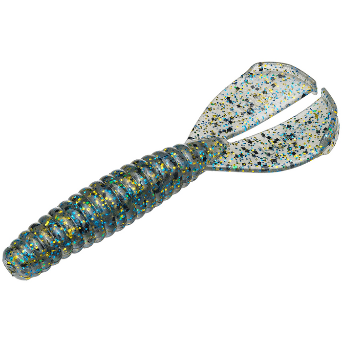 Soft plastic fishing lure with ribbed body and twin tail paddle, translucent with blue, gold, and black glitter, designed for use as Strike King Rage Menace Grub fishing tackle.