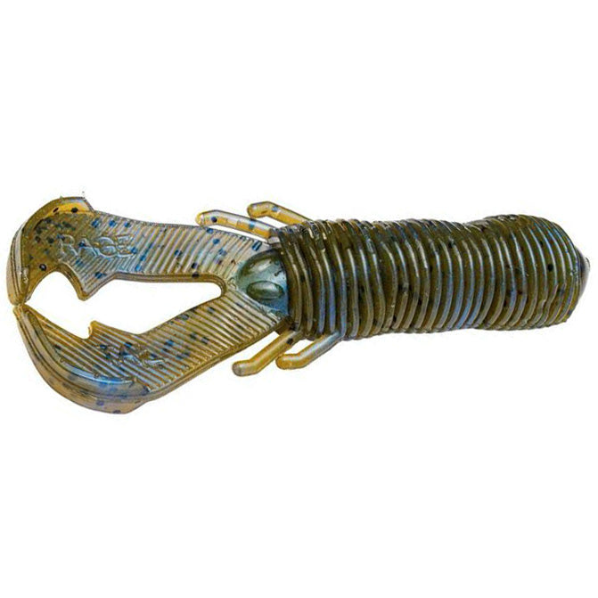 Soft plastic fishing lure shaped like a crawfish with ribbed body and wide, claw-like pincers, designed for fishing tackle use, named Strike King Rage Punch Bug.