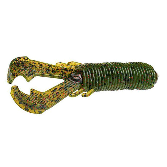 Soft plastic fishing lure in green and yellow with black and red speckles, designed to resemble a crawfish, labeled as Strike King Rage Punch Bug for fishing tackle use.