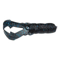 Close-up of a black and blue speckled soft plastic fishing lure designed like a ribbed grub with claw-like appendages, the Strike King Rage Punch Bug fishing tackle.