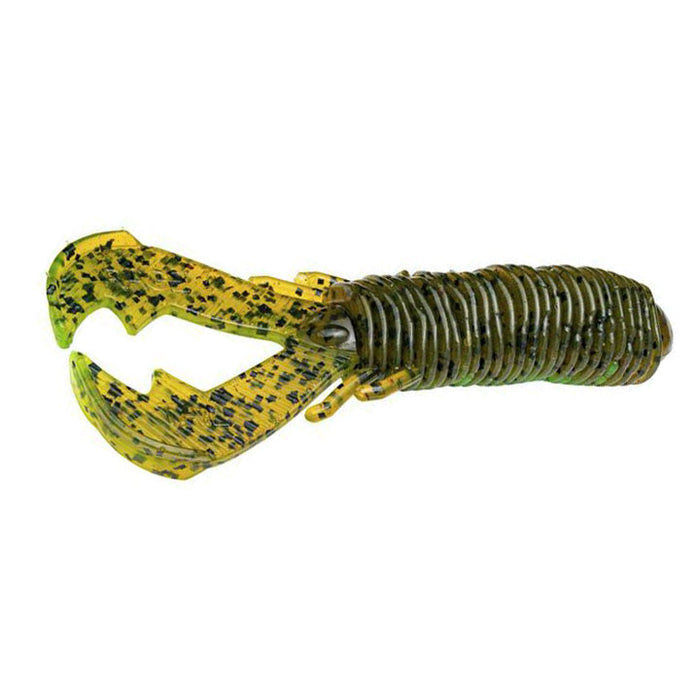 Strike King Rage Punch Bug soft plastic fishing lure in green and yellow with black speckles, designed to mimic a crawfish for effective fishing tackle use.