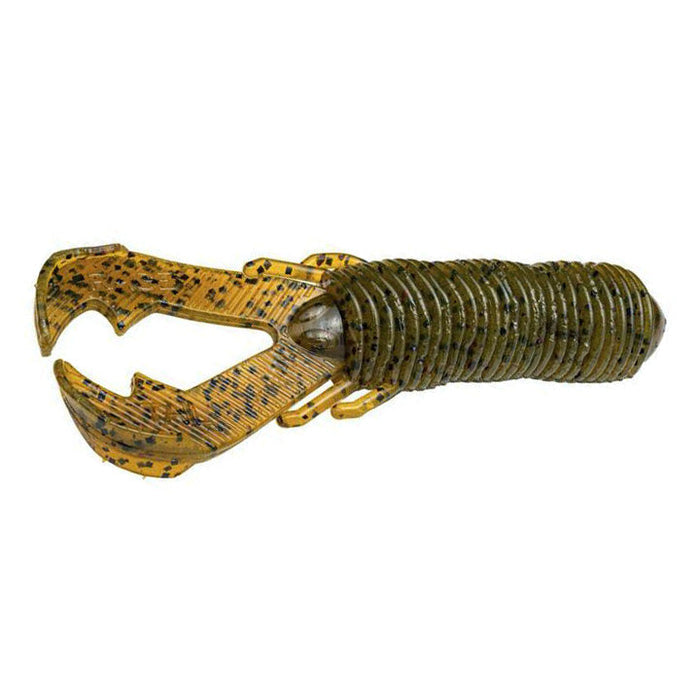 Close-up of a green and brown soft plastic fishing lure designed to resemble a crawfish with segmented body and pincers, known as the Strike King Rage Punch Bug.
