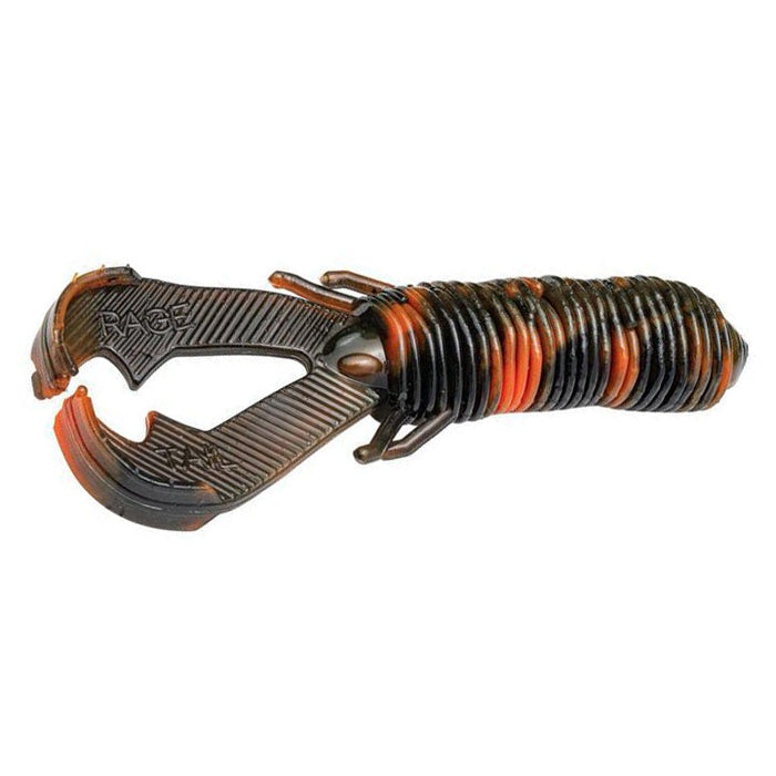 Strike King Rage Punch Bug fishing lure designed to imitate a crawdad, featuring a segmented black and orange ribbed body with two large claw-like appendages for musky fishing tackle.