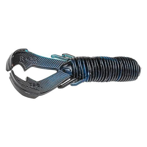 Close-up of a black and blue soft plastic fishing lure designed to imitate a bug, featuring ribbed body and split claw-like appendages, identified as Strike King Rage Punch Bug.