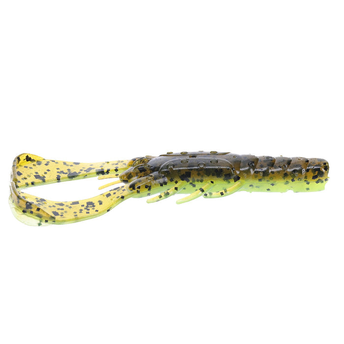 Strike King Rage Scounbug 4" soft plastic fishing lure in green and yellow with black speckles designed to imitate a crawfish for freshwater fishing tackle.