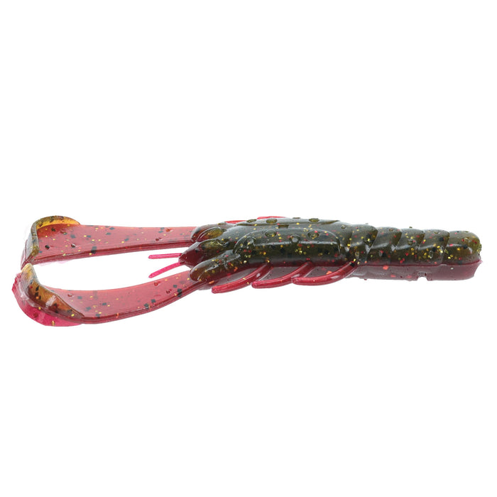 Strike King Rage Scounbug 4" soft plastic fishing lure with a segmented body and twin paddle tails in dark green and red with embedded gold flakes for lifelike action.