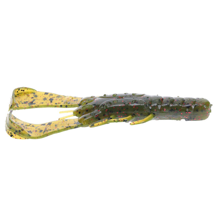 Strike King Rage Scounbug 4" fishing lure designed to mimic a crawfish, featuring lifelike textured body with green and yellow coloring and red flecks.