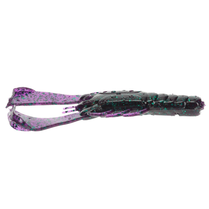 Strike King Rage Scounbug 4" soft plastic fishing lure in purple and black with green flecks, designed for freshwater fishing tackle to attract predatory fish.