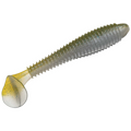 Strike King Rage Swimmer soft plastic fishing lure in translucent green with speckled details and a paddle tail designed for enhanced movement in water.