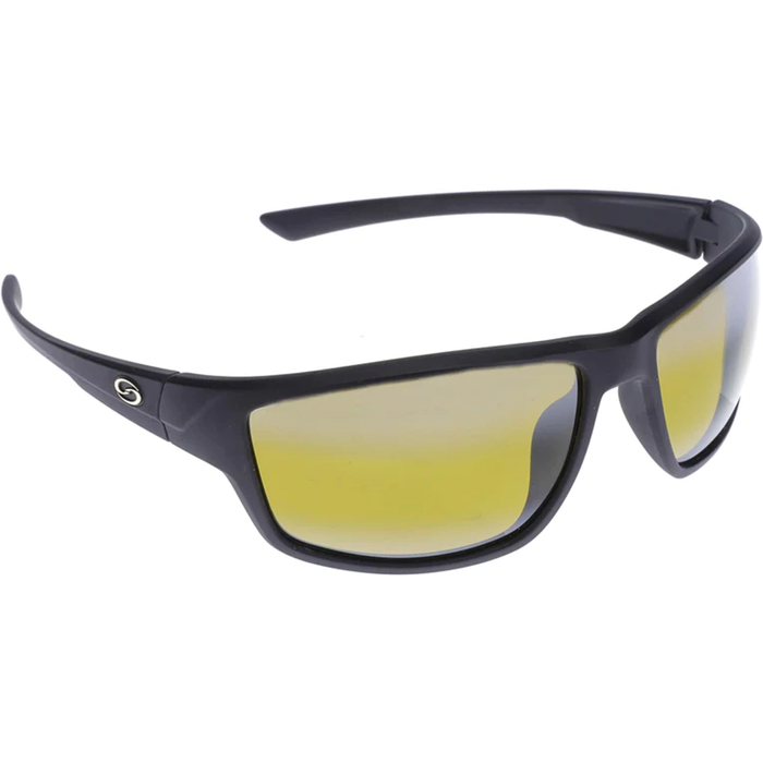 Strike King S11 Optics - Eutaw black framed polarized fishing sunglasses with yellow-tinted lenses designed for enhanced visibility and reduced glare on the water.