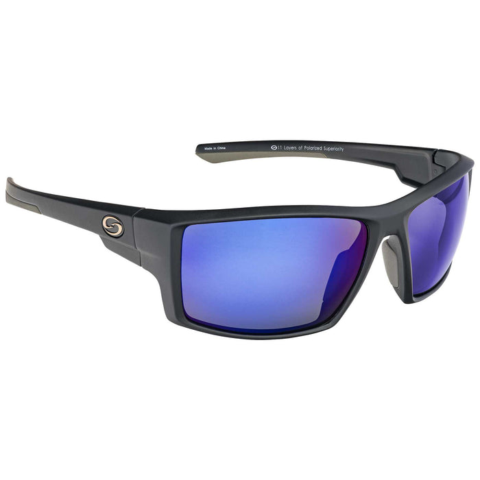 Strike King S11 Optics - Pickwick sport sunglasses with black frames and blue mirrored lenses, designed for enhanced visual clarity and protection during fishing activities.