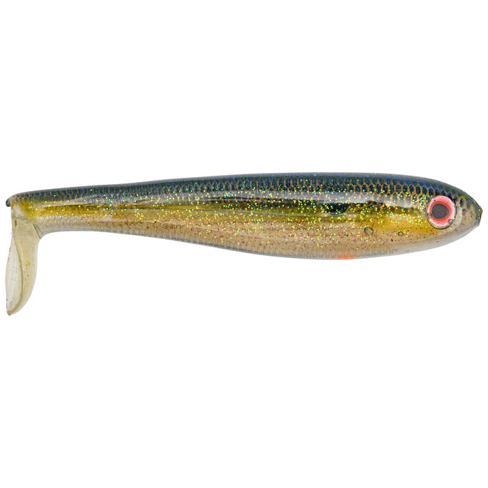 Strike King Shadalicious Swimbait in clear sexy shad color with a paddle tail design, detailed body texture, and lifelike red eye for effective fishing tackle use.