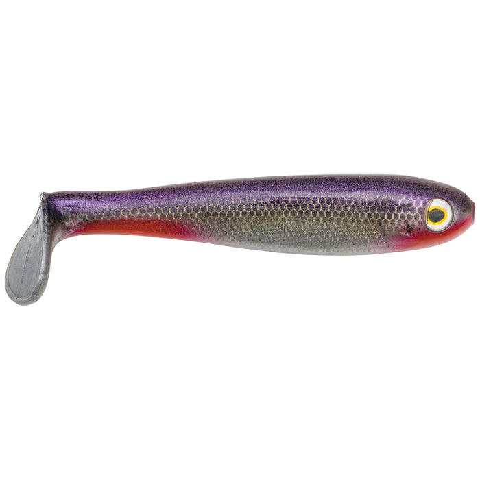 Strike King Shadalicious Swimbait in purple and gray with realistic scale texture and a paddle tail, designed for fishing tackle and lure use.