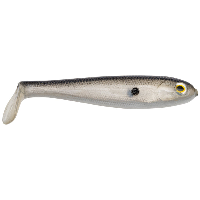 Strike King Shadalicious Swimbait in natural colors designed to mimic a small baitfish with a soft body and paddle tail for lifelike movement in fishing tackle setups.