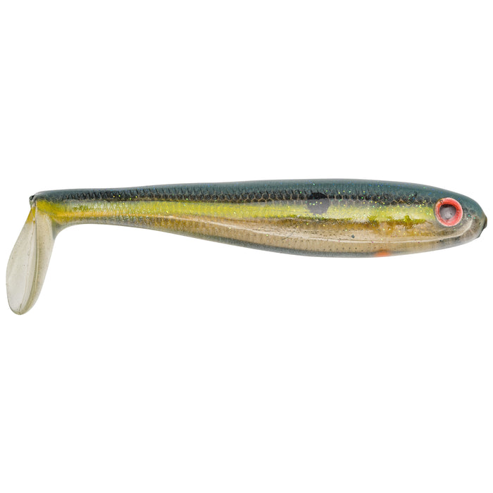Strike King Shadalicious Swimbait fishing lure designed to mimic a small fish with a translucent paddle tail and realistic color pattern for effective fishing tackle.