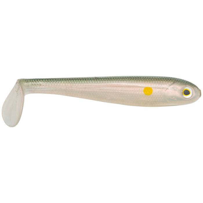 Strike King Shadalicious Swimbait soft plastic fishing lure in natural shad color with translucent body, paddle tail, and detailed eye, designed for realistic fish movement.
