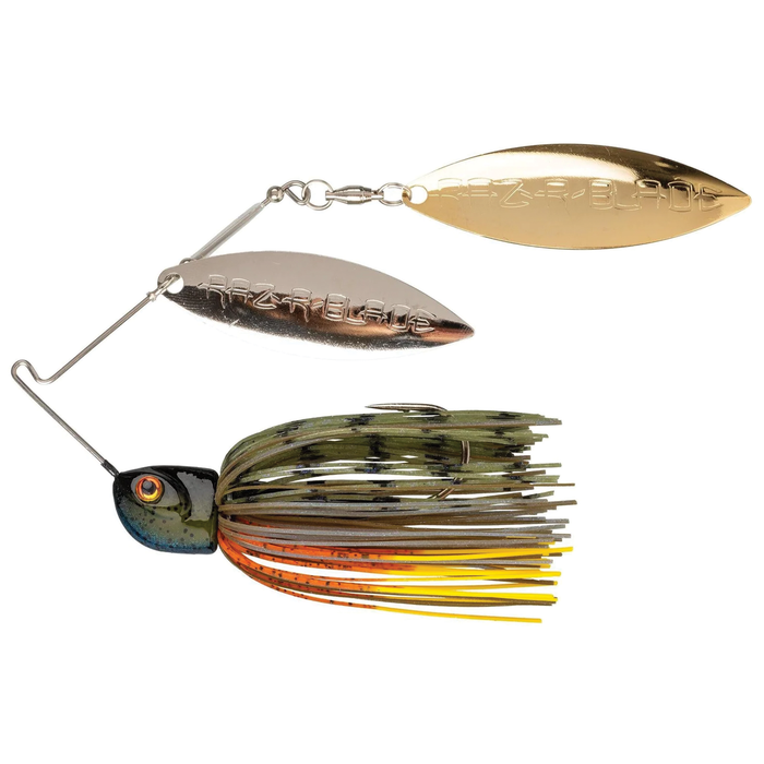 Strike King Tour Grade Bottom Dweller Spinnerbait featuring a detailed fish head, dual metallic spinning blades, and multi-colored silicone skirt in green, yellow, and orange for fishing tackle use.