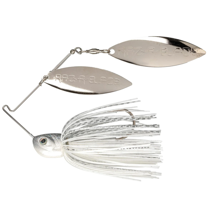 Strike King Tour Grade Bottom Dweller Spinnerbait with dual silver blades and white skirt designed for effective fishing tackle targeting musky and other freshwater species.