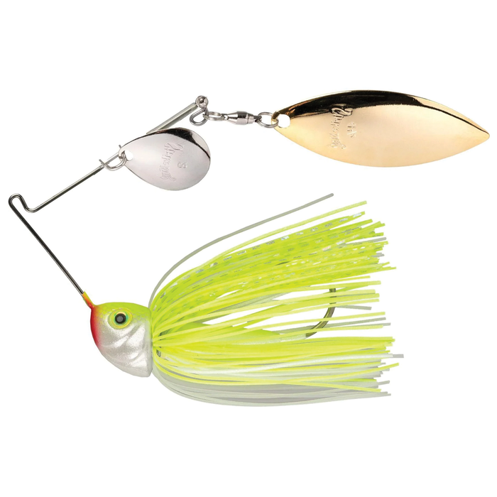 Strike King Tour Grade Heavy Cover Spinnerbait featuring a silver and gold blade, detailed fish head with realistic eye, and chartreuse and white skirt for fishing tackle.