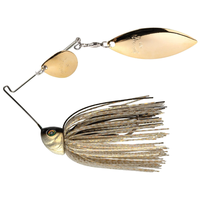 Strike King Tour Grade Heavy Cover Spinnerbait with gold-colored blades, lifelike fish head, and multi-colored skirt designed for effective fishing tackle use.