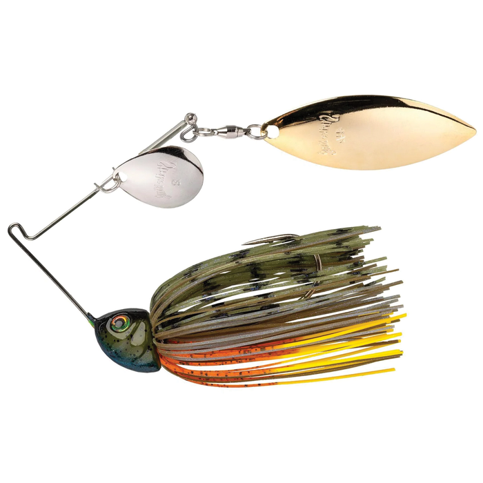 Strike King Tour Grade Heavy Cover Spinnerbait with a green and orange skirt, gold and silver spinner blades, designed for musky fishing and heavy cover conditions.