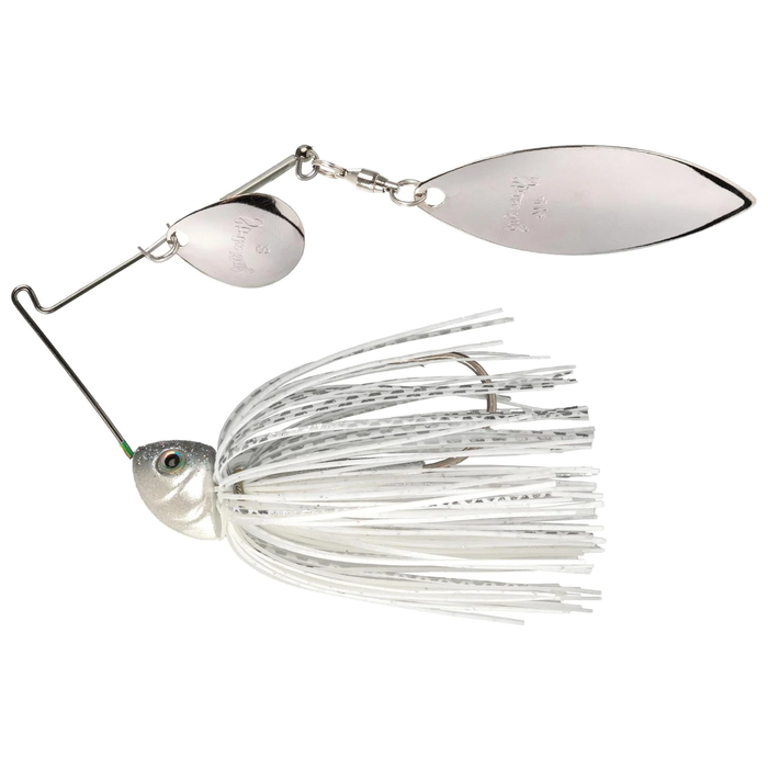Strike King Tour Grade Heavy Cover Spinnerbait with silver blades, white and gray skirt, designed for musky fishing and heavy cover environments.