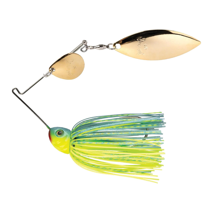 Strike King Tour Grade Heavy Cover Spinnerbait with dual gold spinner blades and a skirt in yellow and green hues designed for effective fishing tackle use.