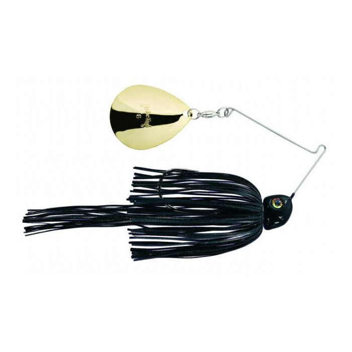 Strike King Tour Grade Night Spinnerbait featuring a black skirted body with a shiny gold spinner blade, designed for effective fishing tackle use.