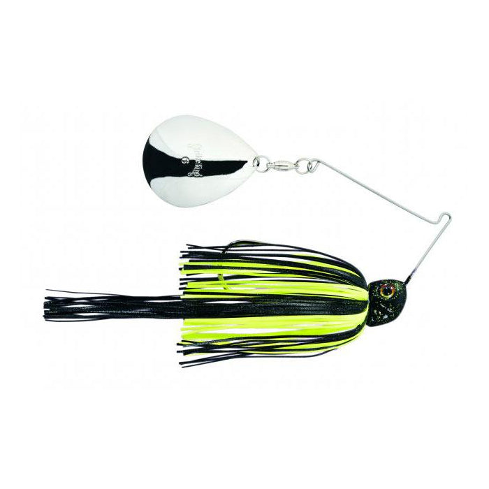 Strike King Tour Grade Night Spinnerbait featuring a black and chartreuse skirt, detailed fish-eye head, and a polished silver spinner blade for effective fishing tackle use.