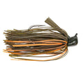 Strike King Tour Grade Skipping Jig featuring a weighted black head with green and orange silicone strands and a large fishing hook designed for musky fishing tackle.