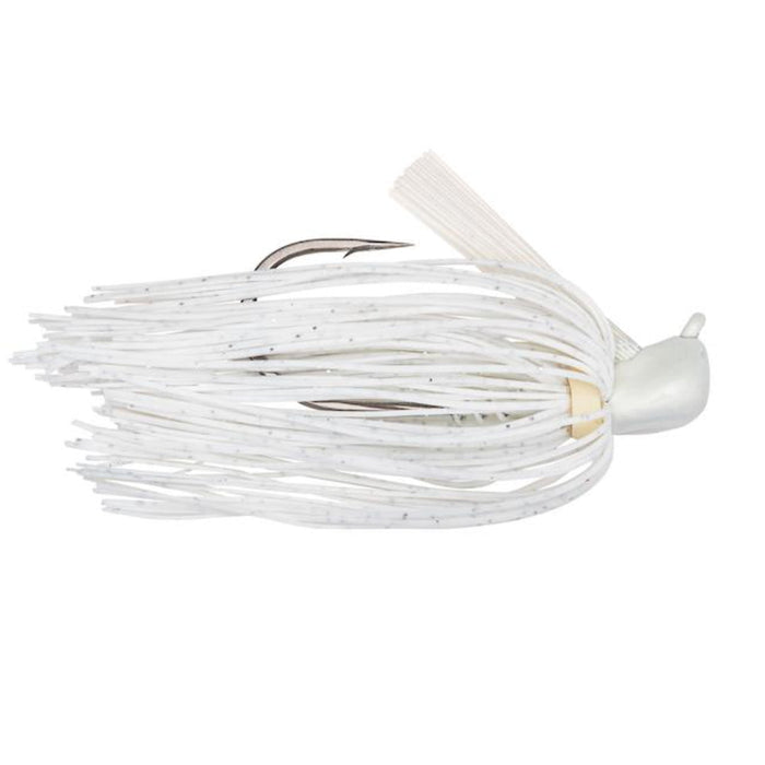 Strike King Tour Grade Skipping Jig featuring a white skirt with fine strands, a sharp hook, and compact jig head designed for precise fishing lure presentation.