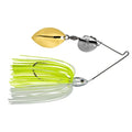 Strike King Tour Grade Spinnerbait with lime green and white skirt, silver head, and dual gold and silver spinner blades designed for effective fishing tackle use.