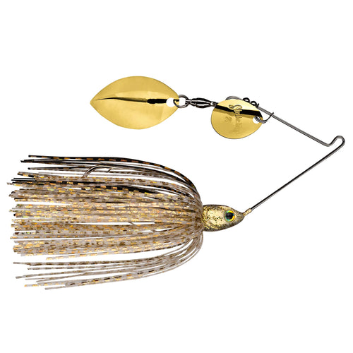 Strike King Tour Grade Spinnerbait featuring gold-colored spinner blades and a detailed, lifelike head with a multi-colored skirt designed for effective fishing tackle use.