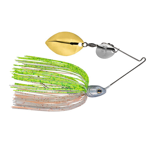 Strike King Tour Grade Spinnerbait with a detailed silver head, dual gold and silver spinning blades, and a skirt featuring bright green and white strands with flecks, designed for fishing tackle.