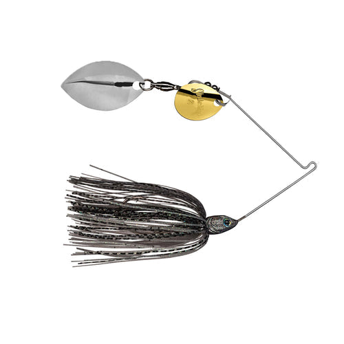 Strike King Tour Grade Spinnerbait with dual metal blades, black and silver skirt, and detailed fishhead design, ideal for fishing tackle and lure applications.