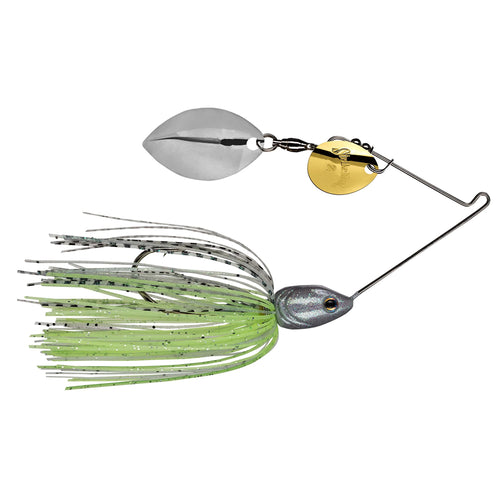 Strike King Tour Grade Spinnerbait featuring a silver and gold spinner blade with a green and black skirt, designed for effective fishing tackle performance.