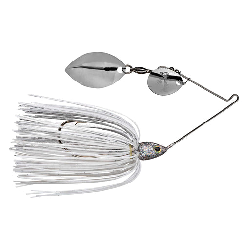 Strike King Tour Grade Spinnerbait with silver blades and white skirt, designed for effective fishing tackle targeting musky and other game fish.