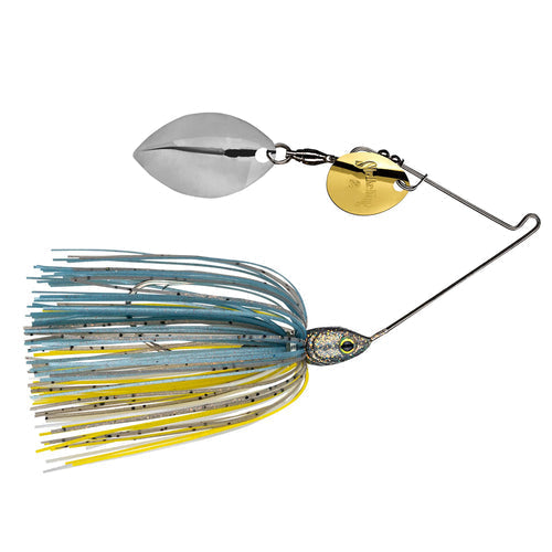 Strike King Tour Grade Spinnerbait featuring a blue, yellow, and silver skirt with dual spinning blades designed for effective fishing tackle performance.