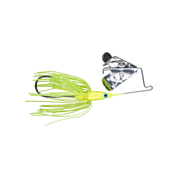 Strike King Tri-Wing Buzz King Buzzbait in bright chartreuse with silver blades and a skirted hook, designed for effective fishing tackle and lure performance.
