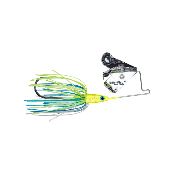 Strike King Tri-Wing Buzz King Buzzbait fishing lure with blue and chartreuse skirt, sharp hook, and chrome tri-wing blade designed for musky and freshwater fishing tackle.
